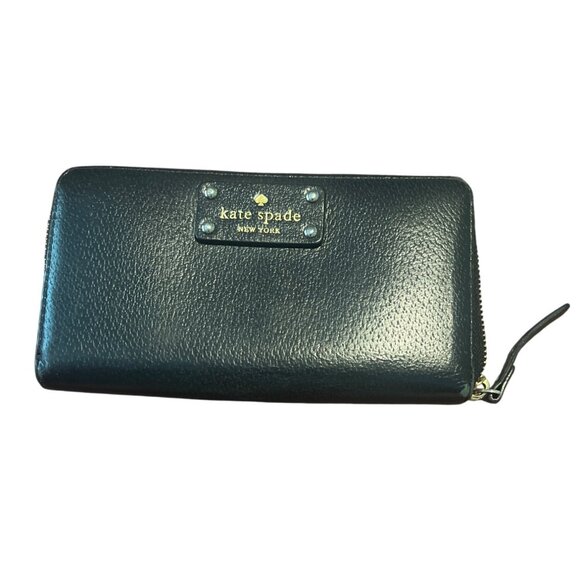 Kate Spade New York Zip-Around Wallet Black Pebbled Leather With Pink Interior - Picture 1 of 7